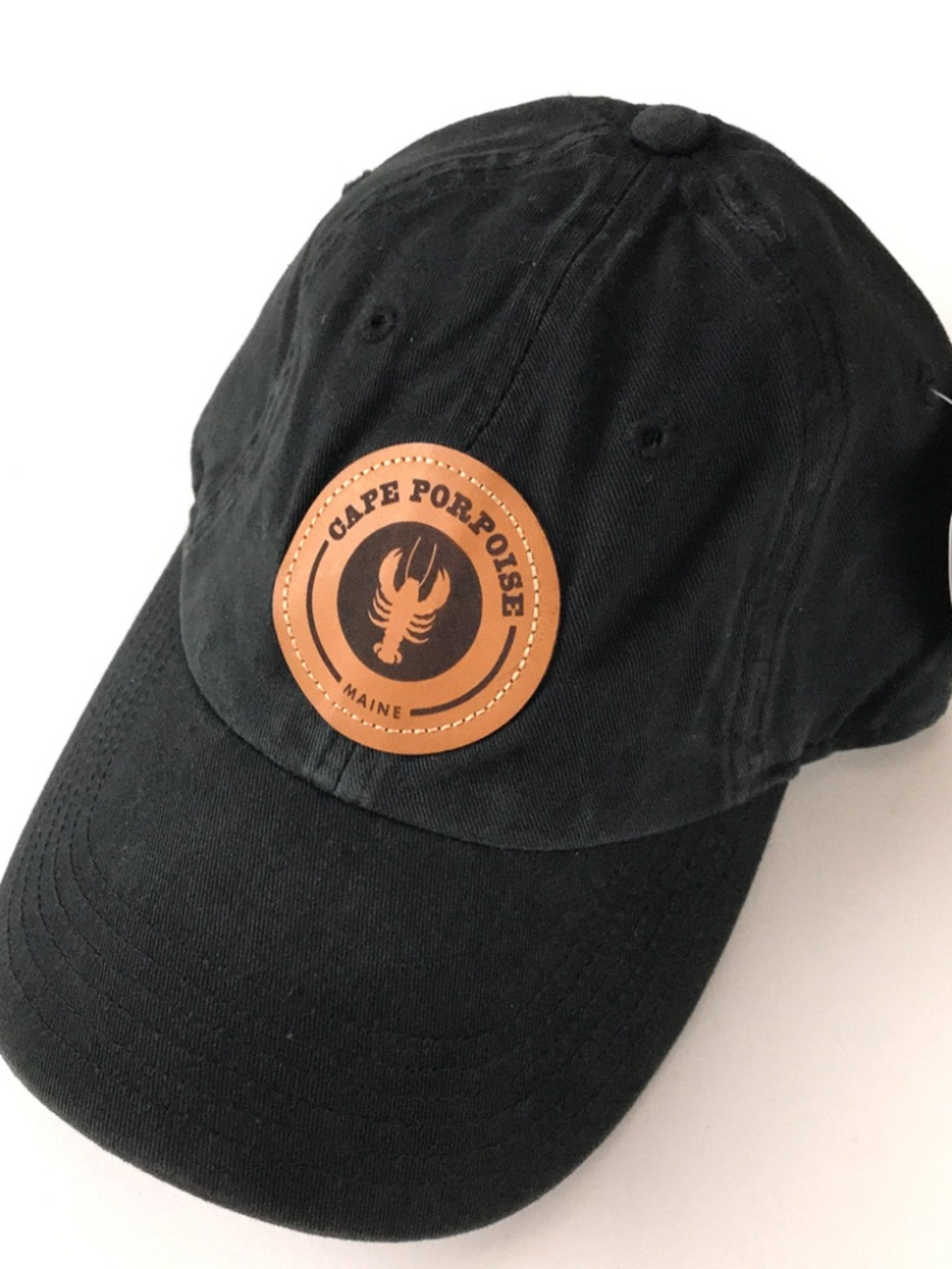 Cape Porpoise Maine leather circle patch hat Lobster icon on black cotton cap